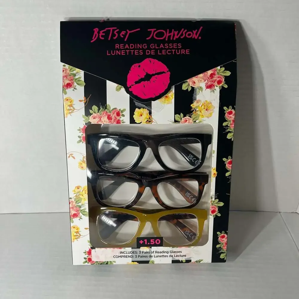 Betsey Johnson 3 Pack Reading Glasses +1.50 New In Box Black, Tortoise, Yellow